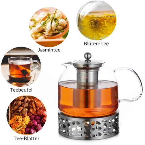 Monzana Teapot With Warmer And Sieve Insert 1,5l Tea Maker Made Of Borosilicate Glass Stainless Steel Lid Dishwasher-Safe - Image 4