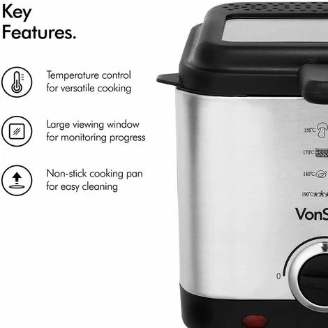 VonShef Deep Fat Fryer- Stainless Steel 1.5L Fryer With Easy To Use Adjustable Temperature Control, Indicator Lights, Observation Window, Non-Stick Removable Basket For Easy Clean & Non-Slip Feet - Image 2
