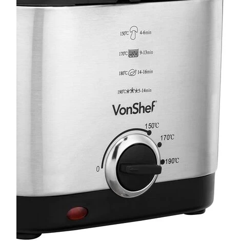 VonShef Deep Fat Fryer- Stainless Steel 1.5L Fryer With Easy To Use Adjustable Temperature Control, Indicator Lights, Observation Window, Non-Stick Removable Basket For Easy Clean & Non-Slip Feet - Image 4