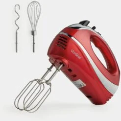 VonShef Professional 300W Hand Mixer, Red, Includes Chrome Beaters, Dough Hooks, Balloon Whisk + 5 Speed With Turbo Button