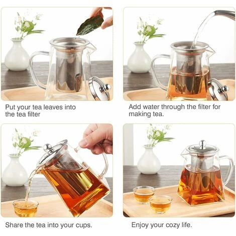 Square Glass Teapot With Infuser, 500 Ml Borosilicate Tea Pot With Strainer, Clear Leaf Tea Pots For Loose Tea - Image 3
