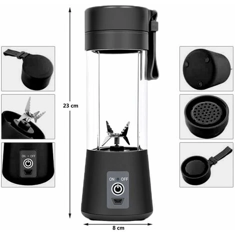 Personal Blender, Portable Blenders Tumbler Electric Fruit Blender Juice Blender USB Rechargeable, 6 3D Blades For Superb Blending, 380ml Black - Image 3