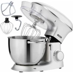 AREBOS Food Processor 1500 W Kneading Machine With 8 L Stainless Steel Mixing Bowl Low Noise Kitchen Mixer With Stirring Hook, Dough Hook, Whisk, Splash Guard 6 Speeds Dough Machine Silver