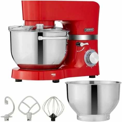 AREBOS Food Processor 1500 W Red Kneading Machine With 2 X Stainless Steel Mixing Bowls Low Noise Kitchen Mixer With Mixing Hook, Dough Hook, Whisk And Splash Guard 6 Speeds