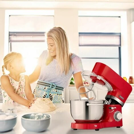 AREBOS Food Processor 1500 W Red Kneading Machine With 2 X Stainless Steel Mixing Bowls Low Noise Kitchen Mixer With Mixing Hook, Dough Hook, Whisk And Splash Guard 6 Speeds - Image 2