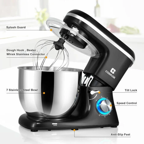 7L Stand Mixer Stainless Bowl Cake Mixer Electric 6 Speed Settings Food Mixer Machine Kitchen Mixer For Baking With Dough Hook, Whisk,Beater, Splash Guard Black - Image 5