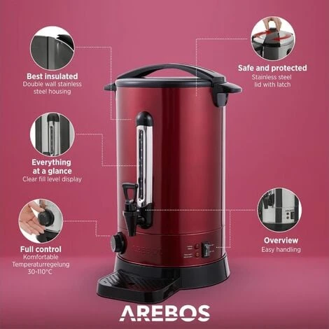AREBOS Mulled Wine Cooker 1650 W Hot Drink Dispenser 20 L With Drip Tray, Outlet Tap, Thermostat And Overheating Protection Temperature Setting From 30 - 110 °C Red - Image 3
