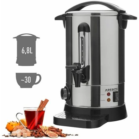 AREBOS Mulled Wine Maker 950 W Hot Beverage Dispenser 6.8 L With Drip Tray, Outlet Tap, Thermostat And Overheating Protection Temperature Setting From 30-110°C