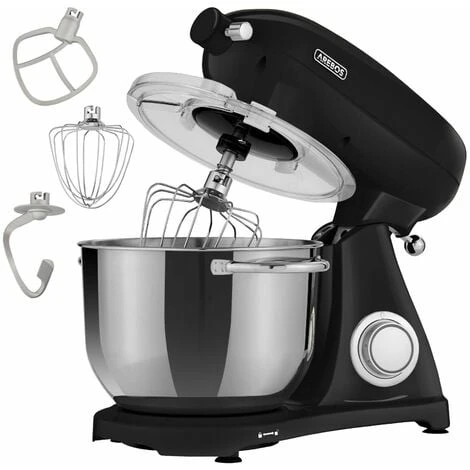 AREBOS Retro Food Processor 1800 W Black Kneading Machine With 6 L Stainless Steel Mixing Bowl Low Noise Kitchen Mixer With Stirring Hook, Dough Hook, Whisk And Splash Guard 6 Speeds