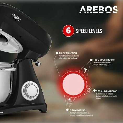 AREBOS Retro Food Processor 1800 W Black Kneading Machine With 6 L Stainless Steel Mixing Bowl Low Noise Kitchen Mixer With Stirring Hook, Dough Hook, Whisk And Splash Guard 6 Speeds - Image 3