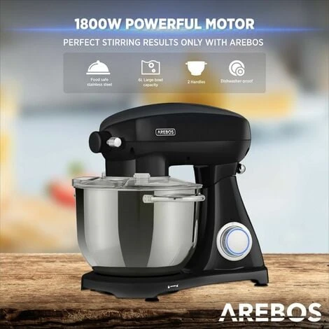 AREBOS Retro Food Processor 1800 W Black Kneading Machine With 6 L Stainless Steel Mixing Bowl Low Noise Kitchen Mixer With Stirring Hook, Dough Hook, Whisk And Splash Guard 6 Speeds - Image 4