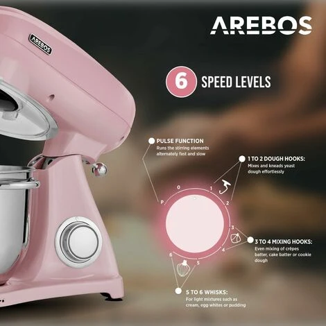 AREBOS Retro Kitchen Machine 1800W Pink Mixer With 6L Stainless Steel Mixing Bowl Silent Kitchen Mixer With Mixing Hook, Dough Hook, Whisk And Splash Guard 6 Speeds - Image 3