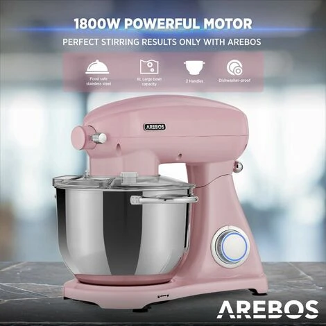 AREBOS Retro Kitchen Machine 1800W Pink Mixer With 6L Stainless Steel Mixing Bowl Silent Kitchen Mixer With Mixing Hook, Dough Hook, Whisk And Splash Guard 6 Speeds - Image 4