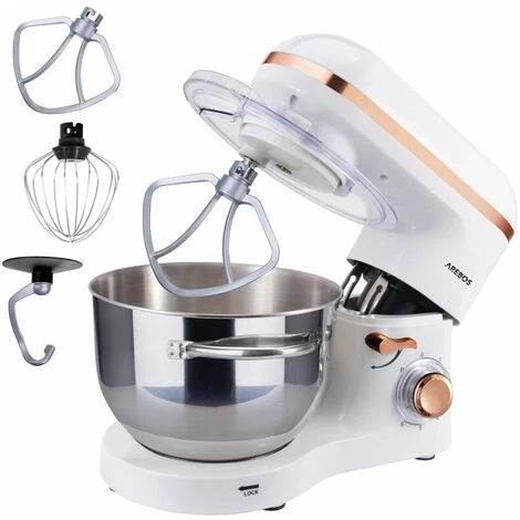 AREBOS Stand Mixer 1500W With 6L Stainless Steel Mixing Bowl White Rose Gold Incl. Mixing Hook, Dough Hook, Whisk Splash Guard 6 Speeds Kneading Machine Dough Machine