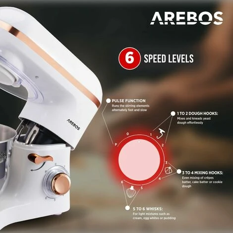 AREBOS Stand Mixer 1500W With 6L Stainless Steel Mixing Bowl White Rose Gold Incl. Mixing Hook, Dough Hook, Whisk Splash Guard 6 Speeds Kneading Machine Dough Machine - Image 3