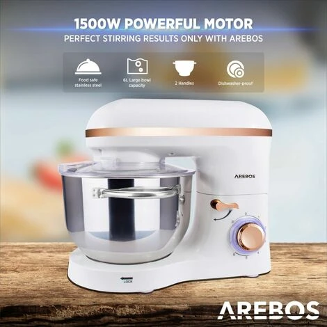 AREBOS Stand Mixer 1500W With 6L Stainless Steel Mixing Bowl White Rose Gold Incl. Mixing Hook, Dough Hook, Whisk Splash Guard 6 Speeds Kneading Machine Dough Machine - Image 4