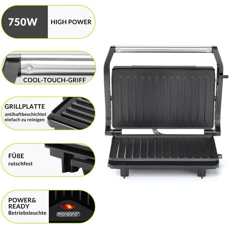 Monzana Contact Grill Non-stick Coating BPA Free Cool-touch Handle Removable Drip Tray 750W Table Grill Sandwich Maker - Image 3