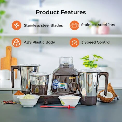 Geepas 750W 3-in-1 Mixer Grinder 3 Stainless Steel Jars 3 Speed Dry Wet Grinding - Image 3