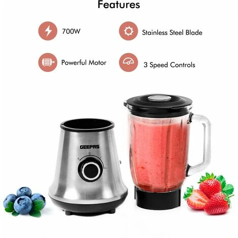 Food Blender Smoothie Maker Ice Milkshake Fruit Juicer Glass Jug 700W Geepas - Image 2