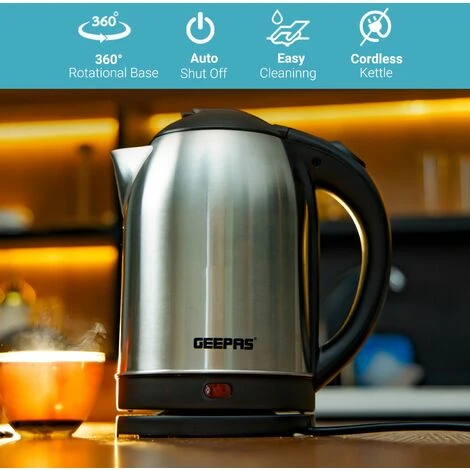 Electric Kettle Stainless Steel Cordless Jug 1.8L Overheat Protection Geepas - Image 2