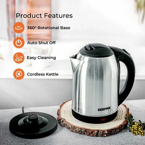 Electric Kettle Stainless Steel Cordless Jug 1.8L Overheat Protection Geepas - Image 3