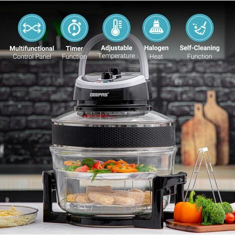 17L Halogen Oven Convection Turbo Cooker Air Fryer With Extender Ring Geepas - Image 2