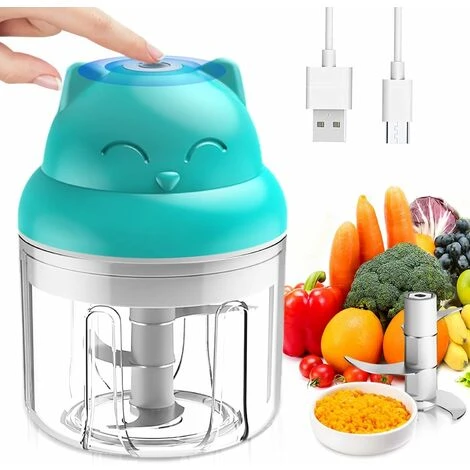 Mini Hachoir Électrique Multi Moulinette, 250ml Mixer Blender Avec Design Acier Inoxydable 3 Lames, Presse Ail Hachoir, Petit Mixeur Utilisation Facile Et Rapide Pour Viande, Oigno, Herbes