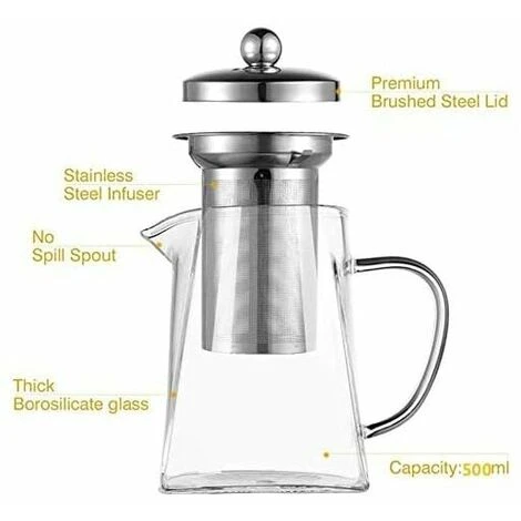 Square Glass Teapot With Infuser, 500ml Borosilicate Teapot With Strainer, Clear Loose Leaf Teapots For Loose Tea - Image 5