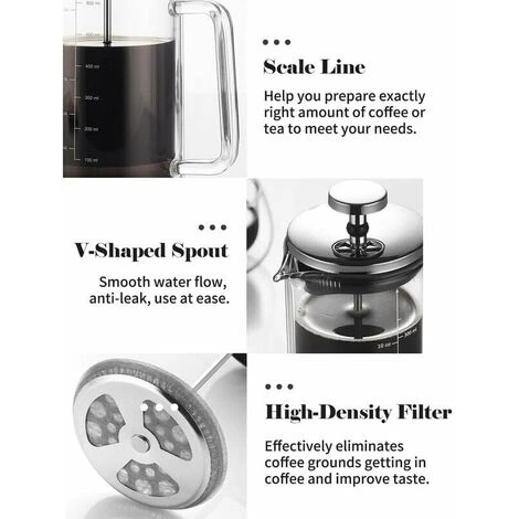 300/600ml Double Wall French Press Coffee Maker Heat Resistant Borosilicate Glass With High Density Stainless Steel Filter, 300ml - 300ml - Image 3