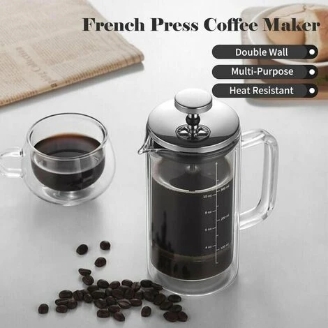 300/600ml Double Wall French Press Coffee Maker Heat Resistant Borosilicate Glass With High Density Stainless Steel Filter, 300ml - 300ml - Image 4